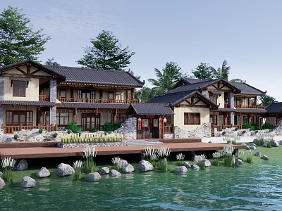 Chinese Style Rural Self Built House With Traditional Roof Wooden Structure and Waterfront Surroundings 3d model