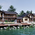 Chinese Style Rural Self Built House With Traditional Roof Wooden Structure and Waterfront Surroundings