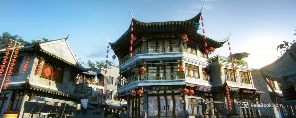 Traditional Chinese Commercial Street With Overhanging Eaves Red Lanterns And Multi Story Shops 3d model 
