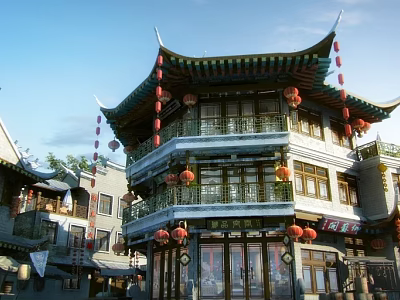 Traditional Chinese Commercial Street With Overhanging Eaves Red Lanterns And Multi Story Shops 3d model