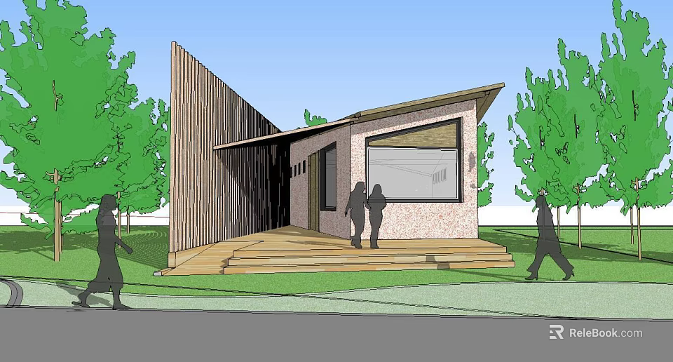 Modern Small Building Exterior Design With Wooden Facade Glass Window And Trees 3d model 