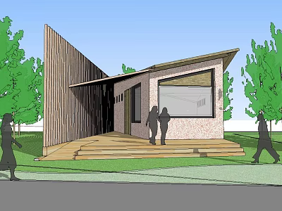 Modern Small Building Exterior Design With Wooden Facade Glass Window And Trees 3d model