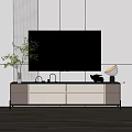 Modern TV Stand with Drawers Large Flat Screen TV Green Plant and Decorative Sculpture