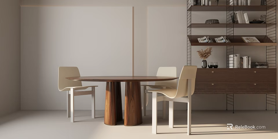 Round Wooden Dining Table Set With Four White Chairs And Minimalist Design 3d model 