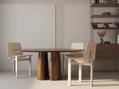 Round Wooden Dining Table Set With Four White Chairs And Minimalist Design 3d model