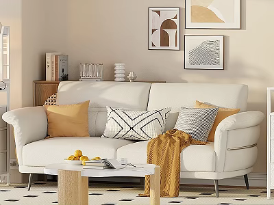 Modern Living Room With Stylish Shelf Holding Books Glassware And Decorative Items 3d model