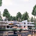 Single Family Villa With Modern Design Large Glass Windows Green Trees Water Reflection