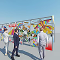 Colorful Kite Exhibition Corridor With People Walking And Decorative Artworks