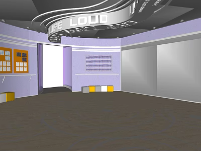 Modern Indoor Space With Purple Walls Wooden Flooring Curved Ceiling The Loop Signage Display Panels 3d model