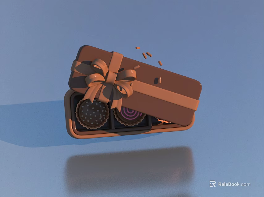 Open Chocolate Gift Box With Assorted Chocolates Bow Ribbon On Blue Background With Reflection 3d model 