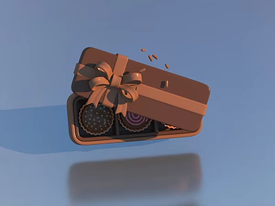 Open Chocolate Gift Box With Assorted Chocolates Bow Ribbon On Blue Background With Reflection 3d model