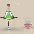 Vintage Scientific Decorative Ornament Set With Green Flask Stand Flame Glass Tube Graduated Pink Beaker