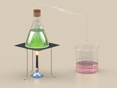 Vintage Scientific Decorative Ornament Set With Green Flask Stand Flame Glass Tube Graduated Pink Beaker 3d model