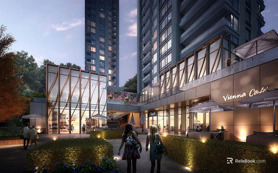 Illuminated Modern Commercial Street With Glass Facades Tall Buildings Greenery And Pedestrians 3d model 