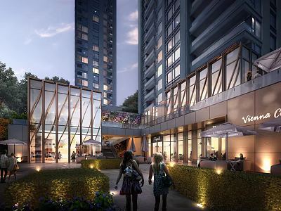 Illuminated Modern Commercial Street With Glass Facades Tall Buildings Greenery And Pedestrians 3d model