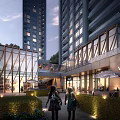 Illuminated Modern Commercial Street With Glass Facades Tall Buildings Greenery And Pedestrians