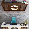 Elegant Reception Desk With Chinese Lattice Decoration And Marble Background Wall 3d model