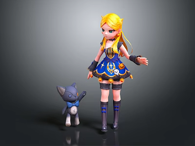 Blonde Girl In Blue And Yellow Dress With Gray Cat Wearing Blue Bow Tie 3d model