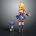 Blonde Girl In Blue And Yellow Dress With Gray Cat Wearing Blue Bow Tie