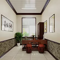 Traditional Chinese Medicine Hall Corridor With Carved Doors Calligraphy Lanterns And Brick Walls