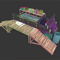 Military Green Truck with Metal Containers on Truck Bed and Wooden Ramp near Blue Barrel