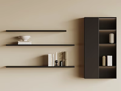 Black Wall Mounted Shelving with Books Bowls and Decorative Vases on Beige Wall 3d model