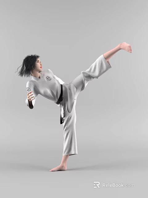 Woman In White Taekwondo Uniform Performing High Kick With Black Belt 3d model 