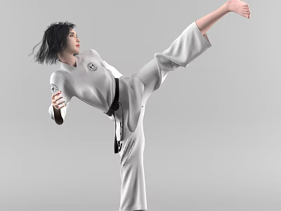 Woman In White Taekwondo Uniform Performing High Kick With Black Belt 3d model