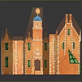 Cartoon Castle Scene With Orange Main Body Blue Tower Top And Green Dome Windows Steps
