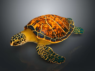 Vibrant Sea Turtle With Orange Black Patterned Shell And Yellow Spotted Head 3d model