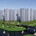 Modern High Rise Residential Complex Aerial View With Green Spaces Roads And Water
