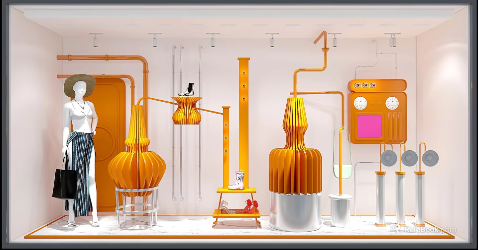 Vibrant Orange Shop Window Display with White Mannequin Striped Pants Chair and Pink Square Clocks 3d model 