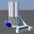 Concrete Batching Plant Components With Twin Silos Blue Control Room Conveyor Belt And Mixer Truck
