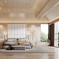 Minimalist Modern Bedroom Interior Design With Wooden Ceiling Large Bed And Floor to Ceiling Windows