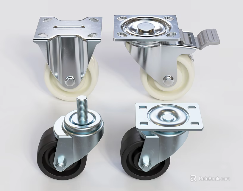 Various Industrial Casters With Metal Brackets And Different Wheel Colors 3d model 