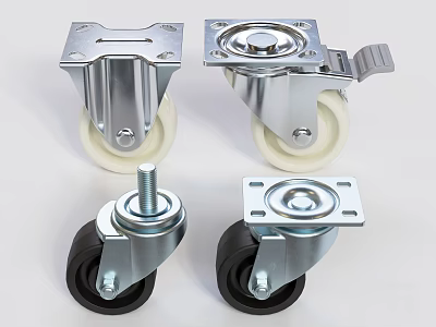 Various Industrial Casters With Metal Brackets And Different Wheel Colors 3d model
