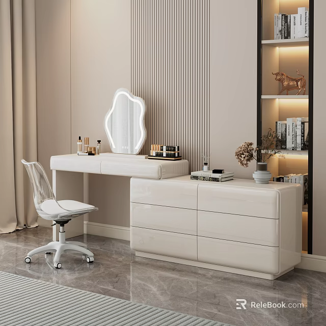 Modern White Dressing Table With Mirror Drawers Transparent Chair And Striped Wall 3d model 