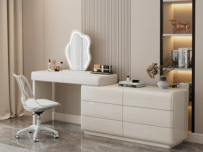 Modern White Dressing Table With Mirror Drawers Transparent Chair And Striped Wall 3d model