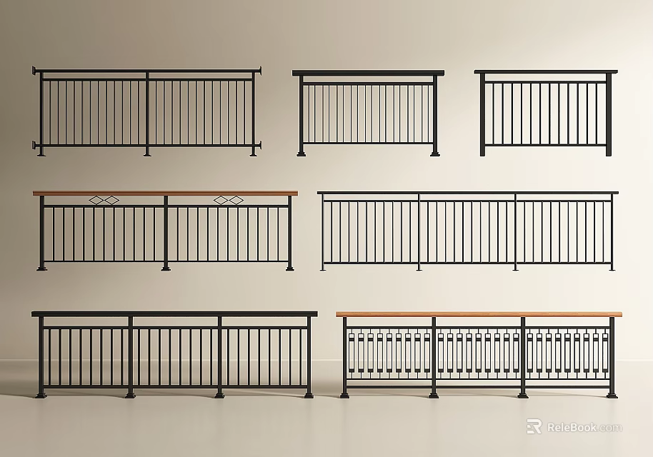 Various Black Metal Railings With Wooden Top And Decorative Bar Designs 3d model 