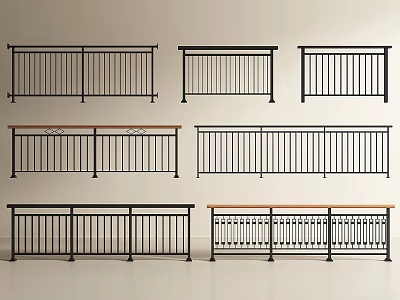 Various Black Metal Railings With Wooden Top And Decorative Bar Designs 3d model