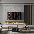 Modern Living Room Interior With Striped Wall Sofa Bookshelf Decorative Painting And Marble Floor