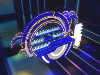 Blue Circular Illuminated Logo With Palm Tree Decorations And City Building Pattern 3d model