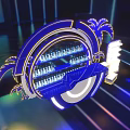 Blue Circular Illuminated Logo With Palm Tree Decorations And City Building Pattern