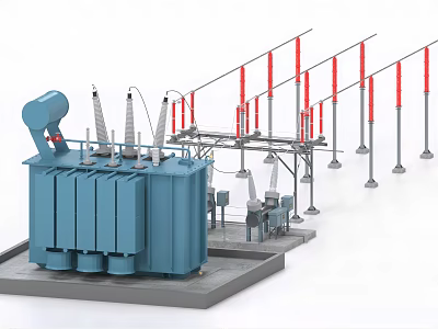 Electrical Power Industrial Transformer Equipment With Blue Body Red Pillars And Silver Frame 3d model