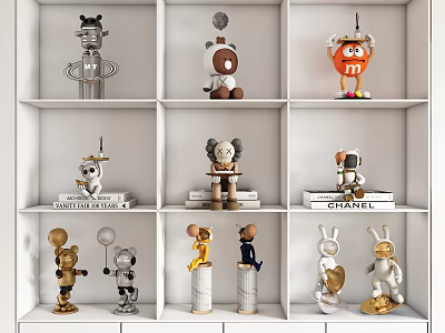 Diverse Decorative Ornament Set With Cartoon Figurines And Books On White Grid Shelves 3d model