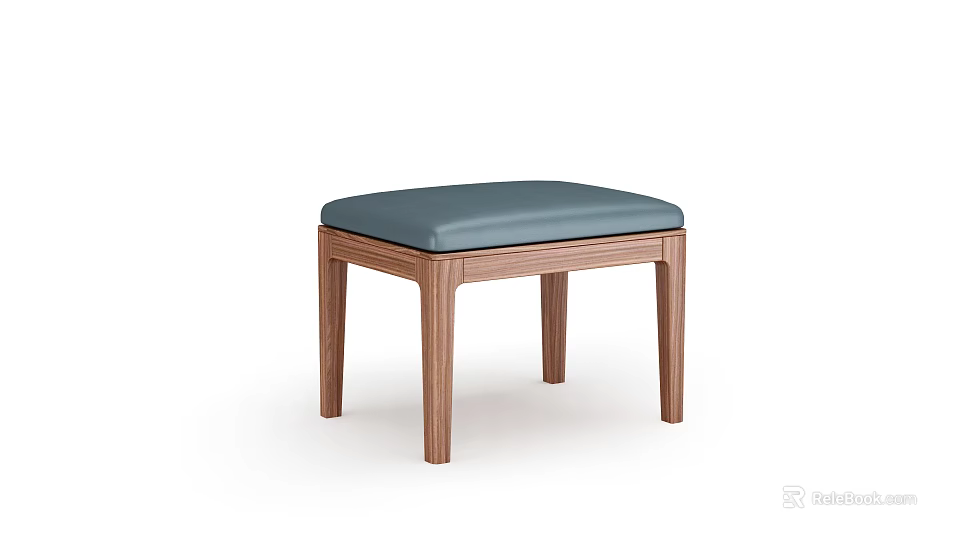 Modern Wooden Stool With Blue Padded Seat And Walnut Legs Design 3d model 