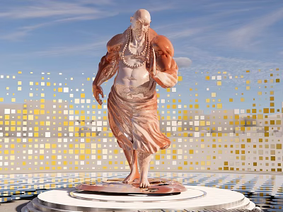 Bald Muscular Robed Sculpture Wearing Beaded Necklace On Circular Pedestal Gold White Square Background 3d model