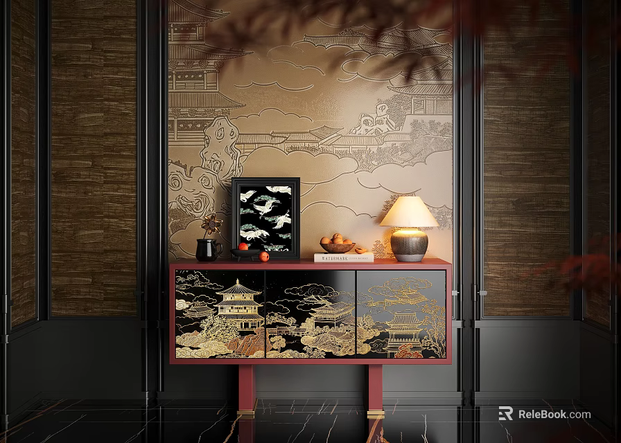 Traditional Chinese Entryway Console Table With Golden Patterns Decorative Lamp And Ornaments 3d model 