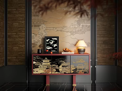Traditional Chinese Entryway Console Table With Golden Patterns Decorative Lamp And Ornaments 3d model