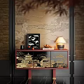 Traditional Chinese Entryway Console Table With Golden Patterns Decorative Lamp And Ornaments
